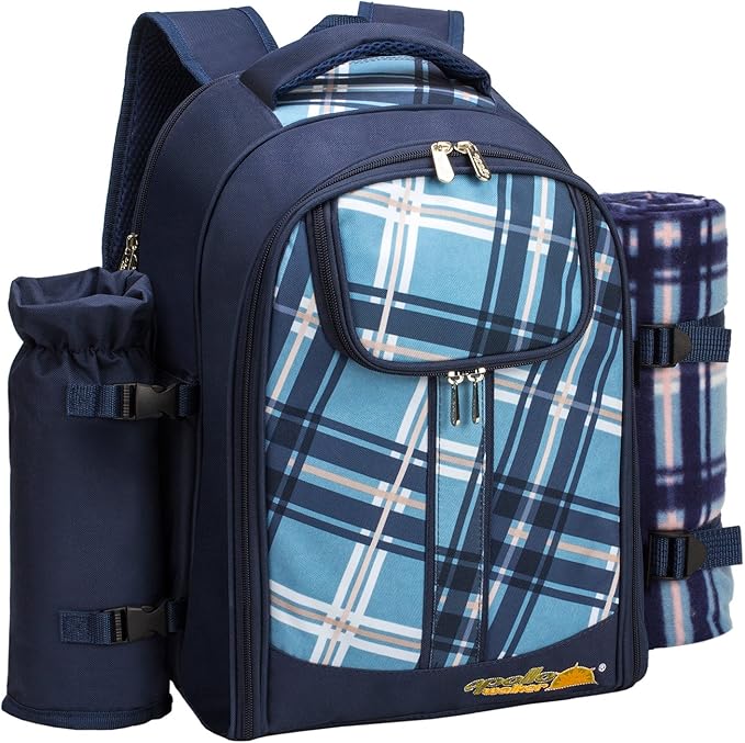 Apollo Walker Picnic Backpack Bag for 2 Person with Cooler Compartment, Detachable Bottle/Wine Holder, Fleece Blanket, Plates and Cutlery (Blue)-Mewly Pet