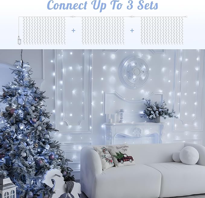 HEYFUNi 304 LED Curtain Lights Outdoor, 9.8Ft*9.8Ft Hanging String Lights Plug in with 8 Modes, Connectable Curtain Fairy Lights for Bedroom, Dorm, Christmas, Wall, Backdrop, Wedding Decor, White