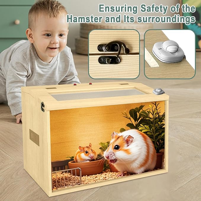 24" Hamster Cage, Top Opening Lockable Roof Door Gerbil Cage, Dwarf Hamster Cage with Hygrometer, Mice and Small Animal Habitat, Chewproof Syrian Hamster Enclosure, (Wooden, 24" L x 16" W x 16" H)-Mewly Pet