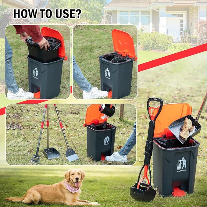 Pooper Scooper Set,Dog Poop Tray and Rake Set for Large & Small Dogs Dog Pooper Scooper 15 Litre Step Dog Poop Trash Can Outside W/Removable Inner Bucket with 20 Waste Bags-Mewly Pet