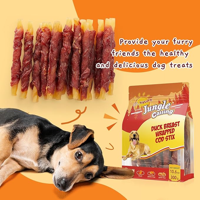 Jungle Calling Duck Wrapped Cod Sticks Dog Treats, Rawhide Free Training Rewards Snacks for Dogs, Natural Chewy Sticks Treats, 10.6oz-Mewly Pet