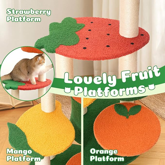 Happy & Polly Cute Cat Tree - 48.4" Fruit World Cat Tower for Indoor Cats, Multi-Level Cat Condo with Sisal Scratching Posts, Private Cave, Plush Strawberry Perches, Perfect Cat Tree Activity Center-Mewly Pet
