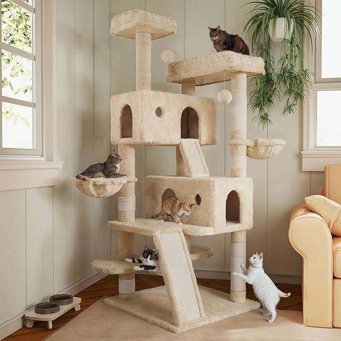 MUTICOR 66 Inches Multi-Level Large Cat Tree Tower for Indoor Big Feline/Cozy Plush Perches/Condo/Sisal Scratching Posts/Hammock and Baskets/Activity Center Play House/Wide Base/Beige-Mewly Pet