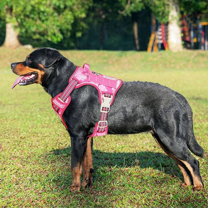 Heavy Duty Tactical Dog Harness for Large Dogs, No Pull Adjustable Pet Harness Reflective Service Training Easy Control Pet Vest Military K9 Working Dog Harnesses- Large, Pink Camo-Mewly Pet