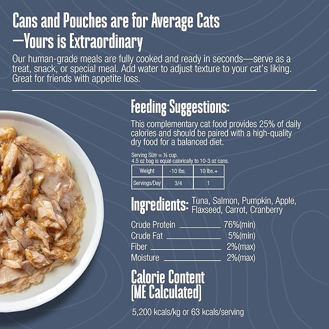 Whole Life Cat Freeze Dried Cat Food - Human-Grade Wet Food Toppers, Single Ingredient Snacks & Lickable Treats, Instantly Hydrating Natural Broth Just Add Water, Made in USA - Salmon & Tuna, 3 Oz-Mewly Pet