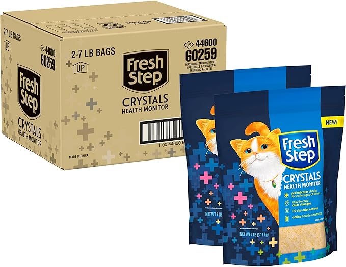 Fresh Step Crystals Health Monitoring Cat Litter, Color-Changing Litter Helps Detect Irregularities in Cat Urine, Controls Odor for 30 Days, 14 lbs. (2 x 7 lb. Bag)-Mewly Pet