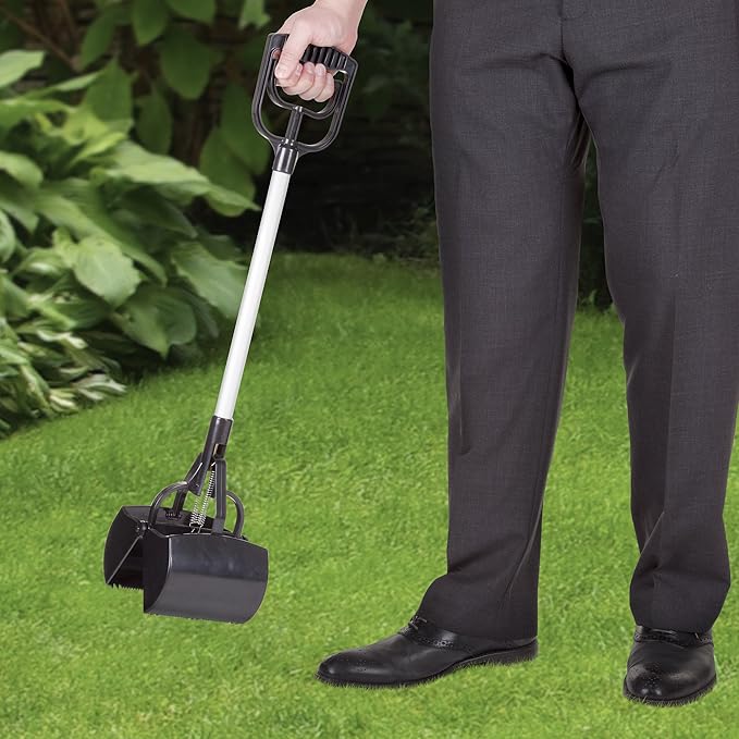 Pet Pooper Scooper - Plastic and Aluminum Cat and Dog Poop Grabber with Long Handle - Enables One-Handed Use on Concrete and Grass by PETMAKER (Black)-Mewly Pet