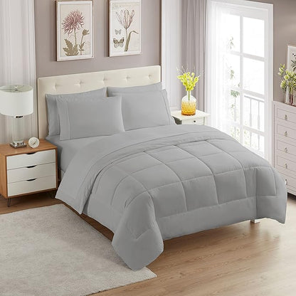 Sweet Home Collection 5 Piece Comforter Set Bag Solid Color All Season Soft Down Alternative Blanket & Luxurious Microfiber Bed Sheets, Silver, Twin