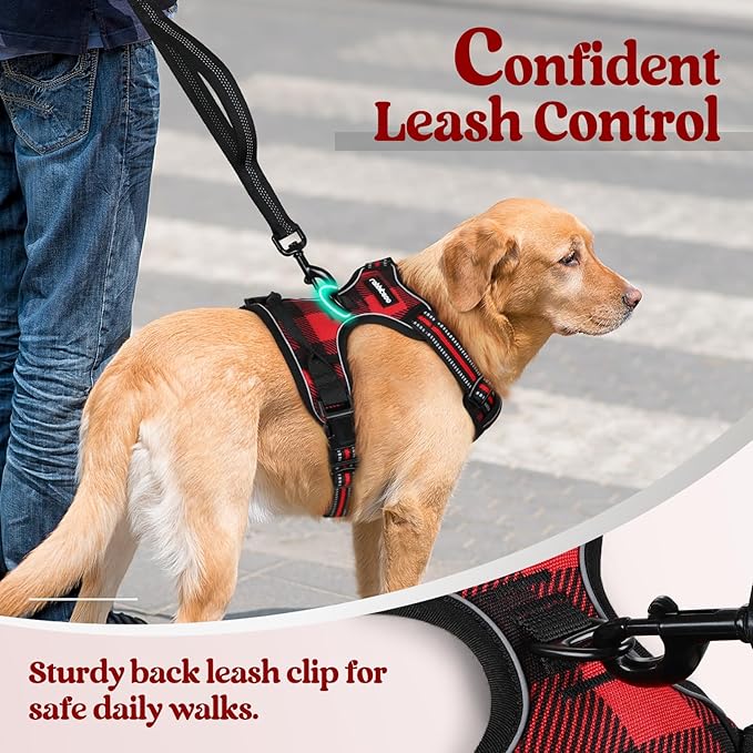 rabbitgoo Dog Harness No Pull with 2 Leash Clips, Adjustable Soft Padded, Reflective Oxford No Choke Pet Vest with Easy Control Handle for Small Dogs, Red Plaid, S-Mewly Pet
