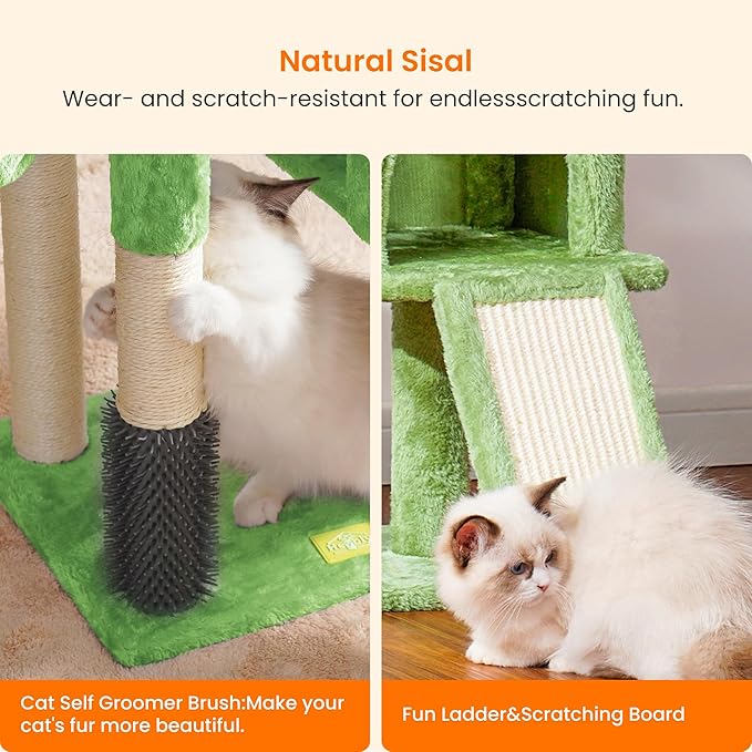 Heybly Cat Tree with Cat Self Groomer Brush, Cat Tower Condo for Indoor Cats with Padded Plush Perch, Cat House with Basket Scratching Board Post, Green HCT005SGR-Mewly Pet