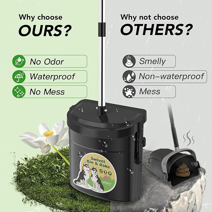 UPSKY Dog Pooper Scooper Swivel Bin & Rake Kit with 100 Waste Bags,33.4" Stainless Steel Long Handle Heavy Duty Pet Poop Shovel for Large Medium Small Dogs, Odor-Proof Lid for Yard/Lawn/Outdoor Use-Mewly Pet