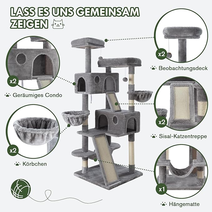 MUTICOR 66 Inches Multi-Level Large Cat Tree Tower for Indoor Big Feline/Cozy Plush Perches/Condo/Sisal Scratching Posts/Hammock and Baskets/Activity Center Play House/Wide Base/Dark Grey-Mewly Pet