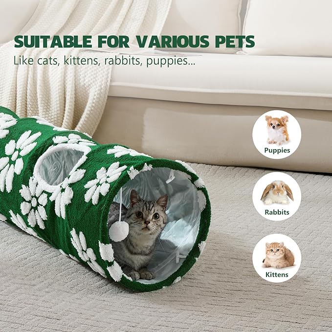 Straight Cat Tunnel for Indoor Cats 47"x12", Cute Cat Toys Collapsible Tunnel Tube with Balls for Puppy Kitten Rabbit, Green Flower-Mewly Pet