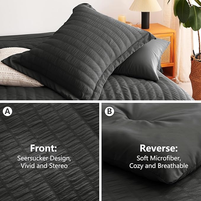 CozyLux Oversized King Comforter Set Dark Grey Seersucker 7 Pieces 120x98 Bed in a Bag Comforter Set with Sheets, Luxury Soft Bedding Sets with Down Alternative Comforter, Sheets, Pillowcases & Shams