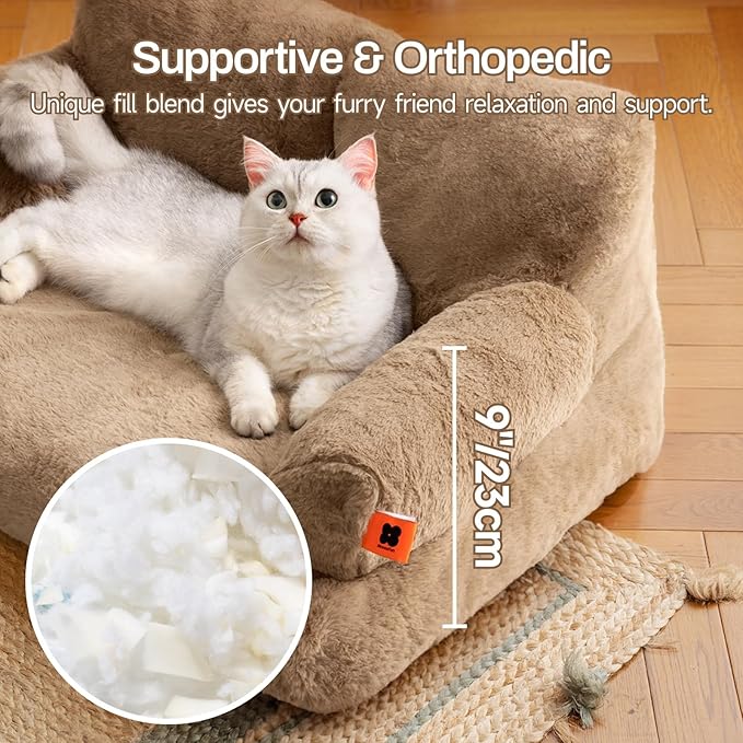 MEWOOFUN Dog Couch, Supportive Small Dog Bed for Puppy and Cats with Removable Washable Cover, Fluffy Cat Couch with Non-Slip Bottom (Camel, 26.0" L X 19.0" W X 13.0" Th)-Mewly Pet