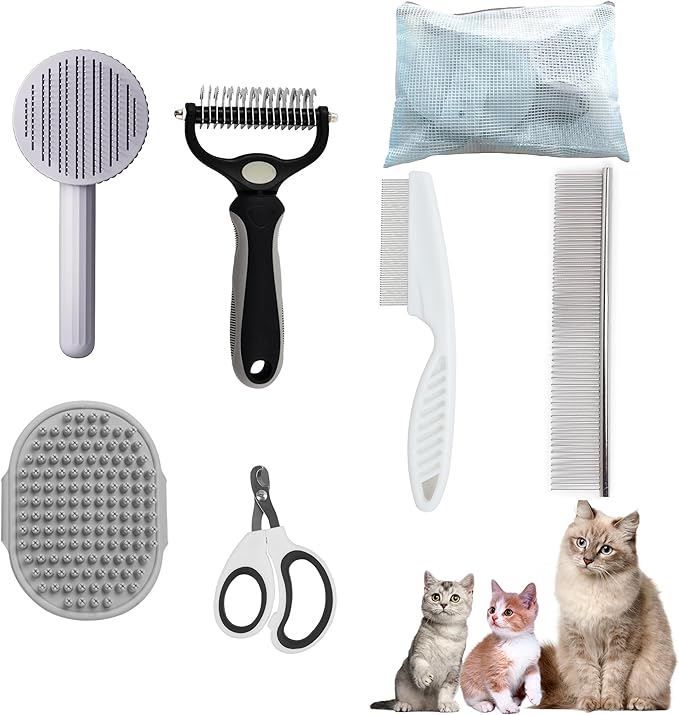 Cat Grooming Brush Kit 6 Tools - Deshedding & Dematting for Long/Short Hair, Self-Cleaning Slicker Brush with 6-in-1 Flea Comb for Cats & Kittens (White)-Mewly Pet