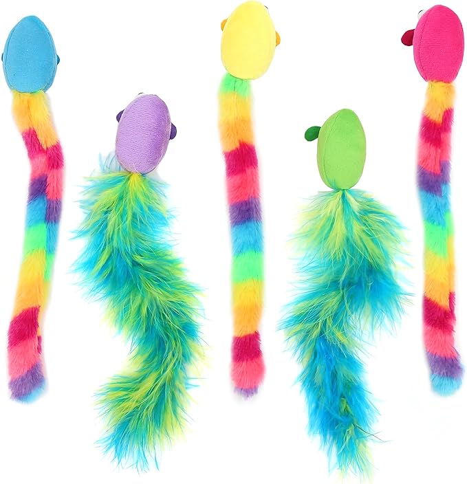 5 Pack Interactive Catnip and Feather Cat Toys, Multi-Colored Mice with Long Feather Tail, Accessories for Indoor Cat, Catnip Plush Toys with Natural Feathers and Rattles-Mewly Pet