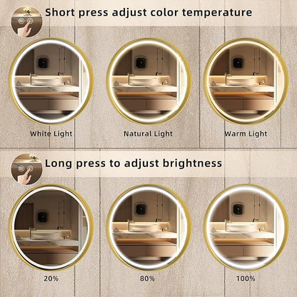 Hasipu 32 Inch Round LED Lighted Mirror for Bathroom with Lights, Gold Circle Vanity Mirror for Wall, Metal Framed Frontlit Bathroom Mirrors Anti-Fog, Dimmable, 3 Colors Makeup Mirror Wall Mounted
