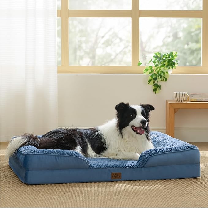 Bedsure Orthopedic Dog Beds Large Sized Dog - Washable Large Dog Cat Bed Waterproof, Comfort Dogs Couch Sofa with Washable Removable Cover, Pet Bed with Nonskid Bottom, Plush-Blue, 35"-Mewly Pet