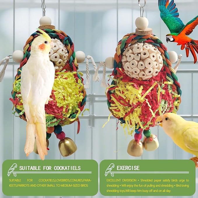 Bird Hoop Swing and Parakeet Toys,Natural Sola Balls and Shredding Hanging Toy,Birds Rope Swing,Suitable Small and Medium-Sized Parrots Toys,Birds Toy for Cockatiels,Conures,Lovebird-Mewly Pet