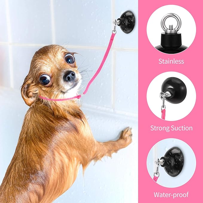 Frienda 4 Pieces Dog Bathing Tether with Suction Cup Pet Dog Grooming Tub Restraint Loops and Adjustable Cat Fixed Safety Rope for Pet Shower Bathing Grooming(Blue Black Pink)-Mewly Pet