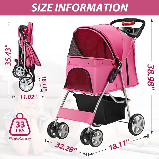4 Wheels Pet Stroller for Small Medium Dogs Cats 10-33 lbs, Foldable Dog and Cat Stroller with Cup Holder & Storage Basket & Breathable Mesh, Pet Strolling Cart for All-Season, Pink-Mewly Pet