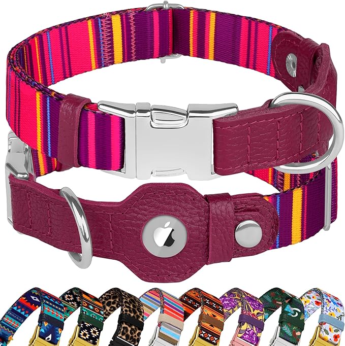 AirTag Dog Collar for Small Medium Large Breed - Adjustable Cute Pattern Dog Collar with Airtag Holder - Soft Leather Tracker GPS Apple Air Tag Pet Collars (Large, 17"-21" Neck Fit, Striped)-Mewly Pet