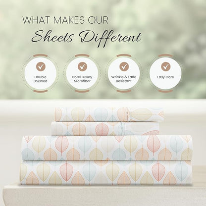 Linen Market 4 Piece King Sheet Set - Breathable, Double-Brushed Patterned Cooling Sheets – Oeko-TEX Certified Ultra Soft & Wrinkle-Free 16" Deep-Pocket King Sheets - Easy Care Fall Foliage Yellow