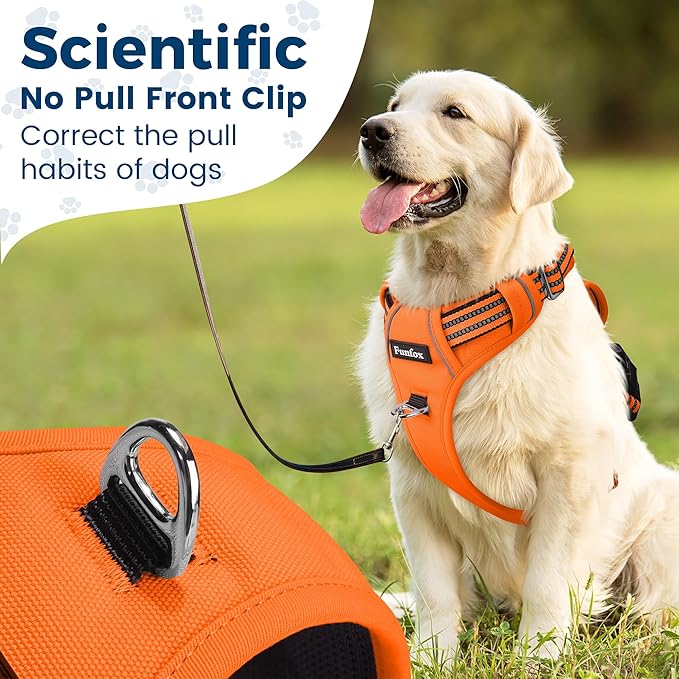 Funfox Dog Harness No Pull, Adjustable Pet Vest Harness, Super Soft Material with Vertical Handle Easy Control, Reflective Night Walking, 2 Leash Clips for Large Dogs, Orange, L-Mewly Pet