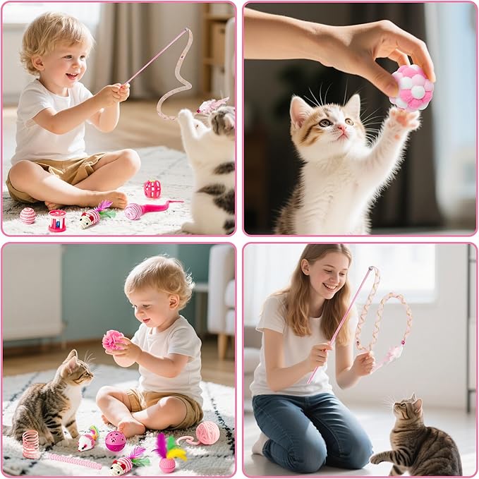 MALLMALL6 Cat Interactive Toys Set - 27Pcs Kitten Toys Stuff Pink Feather Teaser Wand Springs Mice Sisal Fish Crinkle Balls Bell Balls, Puzzle Gift Pack for Indoor Kitty Play Exercise-Mewly Pet