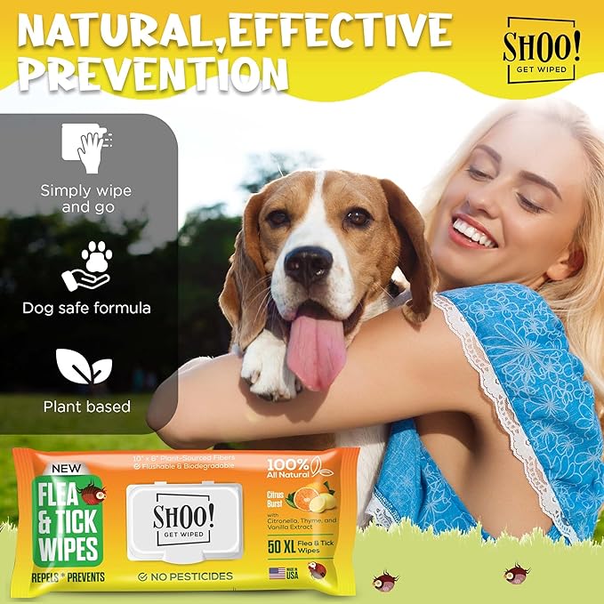 Shoo! Flea & Tick Wipes for Dogs | Convenient, Easy On-The-Go Protection | Plant Based, Natural Oils, Chemical Free | Repels & Prevents | 50 XL Wipes | (Citrus Burst)-Mewly Pet