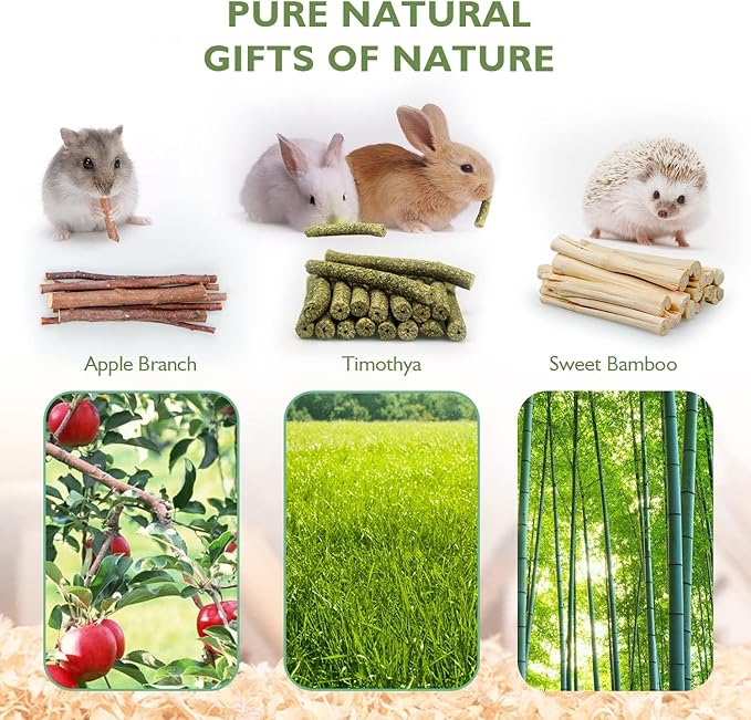 300g Guinea Pig & Rabbit Chew Toys with Apple & Timothy Sticks - Prevent Overgrown Teeth with Sweet Bamboo Treats - Ideal Rabbit Treats Included!-Mewly Pet
