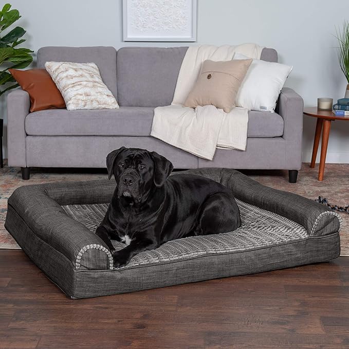 Furhaven Cooling Gel Dog Bed for Large Dogs w/ Removable Bolsters & Washable Cover, For Dogs Up to 125 lbs - Luxe Faux Fur & Performance Linen Sofa - Charcoal, Jumbo Plus/XXL-Mewly Pet