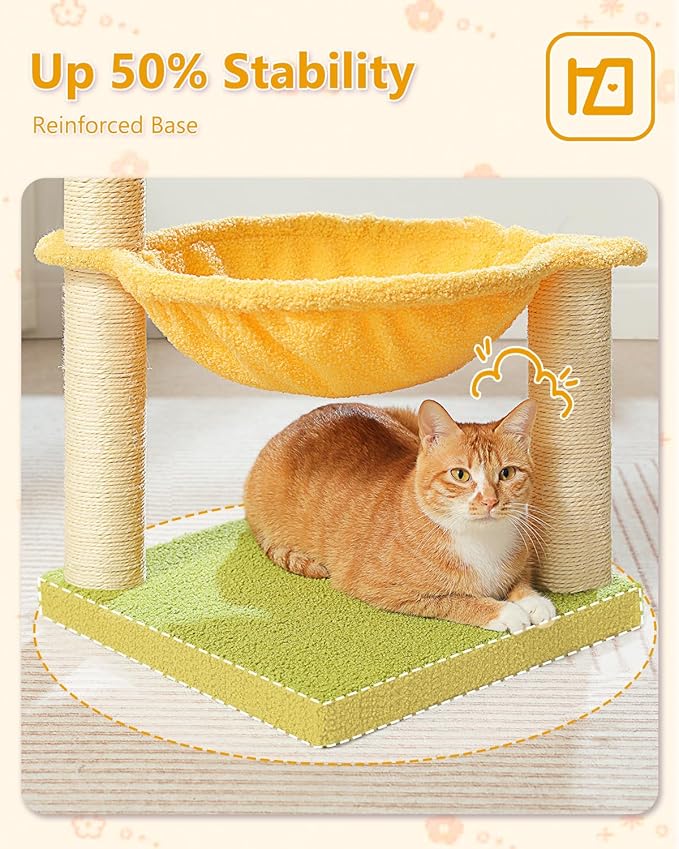 28" Flower Cat Tree Cute with Flower Top Perch, Large Hammock for Indoor Small Cats, Small Cat Tower with Cute Scratching Post and Fur Toy Ball for Kittens, Yellow-Mewly Pet