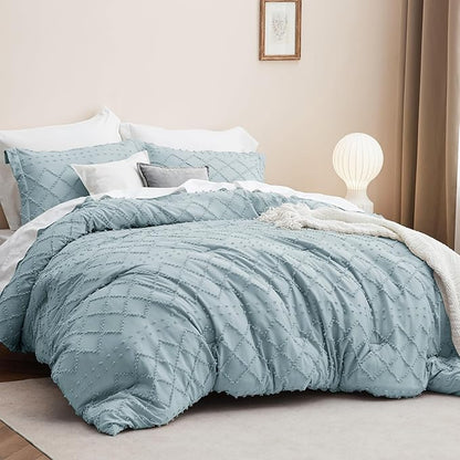 Bedsure Full Comforter Set - Dusty Blue Comforter, Boho Tufted Shabby Chic Bedding for Kids, 3 Pieces Vintage Farmhouse Bed Set for All Seasons, Fluffy Soft Bedding with 2 Pillow Shams