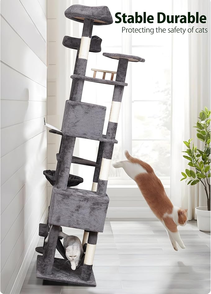 85in Giant Cat Tree for Heavy Duty Big Cats, Large Cat Trees with Scratching Post, Cat Tree Tower with Cat Condos, Hammock & Plush Perch for Maine Coon, Smoky Gray-Mewly Pet