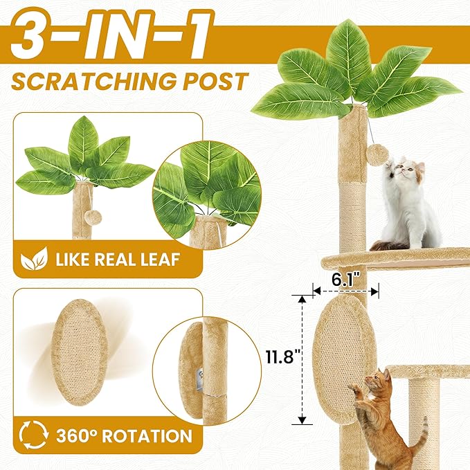55 Inch Large Cat Tree Tower for Indoor Cats with Hammock Green Leaves Sisal Scratching Post, Plush Hang Ball Play Furniture for Kittens & Adult Cats, New Beige-Mewly Pet