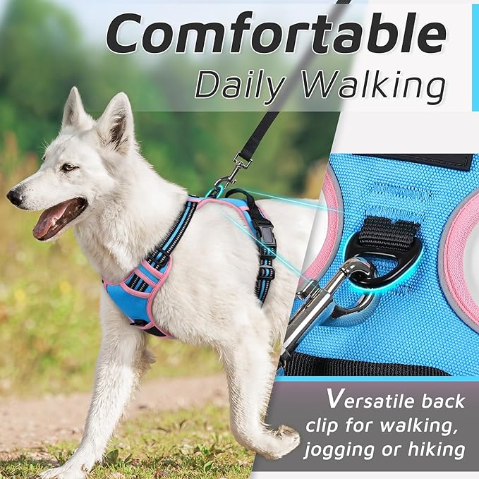Eagloo Dog Harness for Large Dogs, No Pull Service Vest with Reflective Strips and Control Handle, Adjustable and Comfortable for Walking, No Choke Pet Harness with 2 Metal Rings, Pink & Blue, XL-Mewly Pet