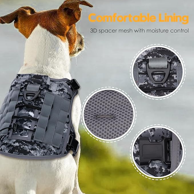 Heavy-Duty Tactical Dog Harness for Large Dogs, No Pull Adjustable Reflective Pet Vest with Molle System, K9 Military-Grade Control for Service Training, Outdoor & 10+ Breeds, Gray Camo, X-Large-Mewly Pet
