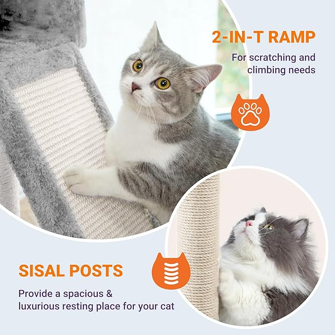 Allewie 81 Inches Tall Cat Tree/Multi-Level Large Climbing Tree House and Towers for Big Feline/Condo and Hammock/Scratching Post/Wide Base/Grey-Mewly Pet
