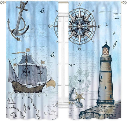Nautical Curtains, Vintage Marine Coastal Sailboat Compass Anchor Ocean Beach Lighthouse Watercolor Blue Decorative Drapes for Bedroom Living Room Kitchen Bathroom Window 2 Panels Set, 42"x63" Inch