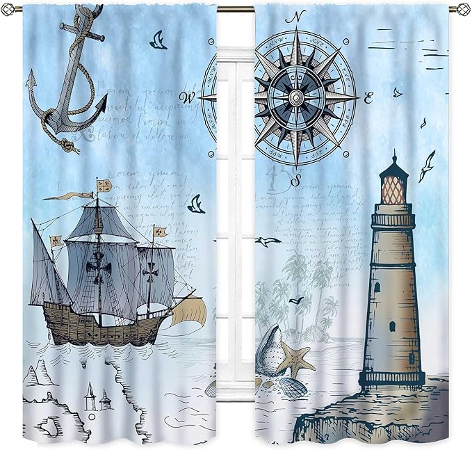 Nautical Curtains, Vintage Marine Coastal Sailboat Compass Anchor Ocean Beach Lighthouse Watercolor Blue Decorative Drapes for Bedroom Living Room Kitchen Bathroom Window 2 Panels Set, 84"x84" Inch