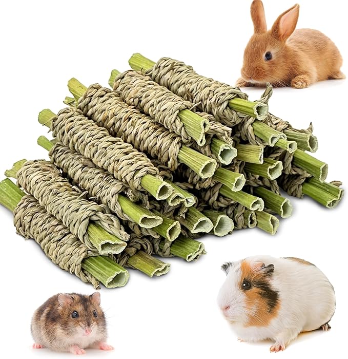 Fhiny 24 PCS Rabbit Chew Sticks, Natural Papaya Wood Seagrass Guinea Pig Chew Toys for Teeth Small Animal Molar Sticks Snacks for Bunny Guinea Pig Chinchilla Ferret Hamster Gerbil Dental Care-Mewly Pet