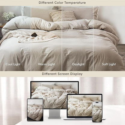 MooMee Bedding Duvet Cover Set 100% Washed Cotton Linen Like Textured Breathable Durable Soft Comfy (Heathered Tannish Linen Grey, Oversized King Plus 128"x120")