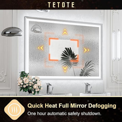 TETOTE Brushed Silver LED Bathroom Mirror with Lights 42x36 Front & Back Light Vanity Framed Mirror Baroque Anti Fog Dimmable White/Warm/Natural,CRI90+,Waterproof,Wall Mounted(Horizontal/Vertical)