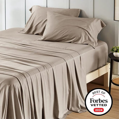 Bedsure King Size Sheets Set, Cooling Sheets for Hot Sleepers, Rayon Derived from Bamboo, Breathable & Soft, Deep Pocket Up to 16 Inches, Hotel Luxury Silky Bedding, Simply Taupe