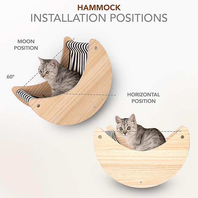 3-Piece Cat Wall Furniture Set - Hammock, Hexagon House, Climbing Steps - Wall Mounted Shelves, Perches, and Beds - Modern Design for Large Cats and Kittens & Spare Hammock Fabric Included-Mewly Pet