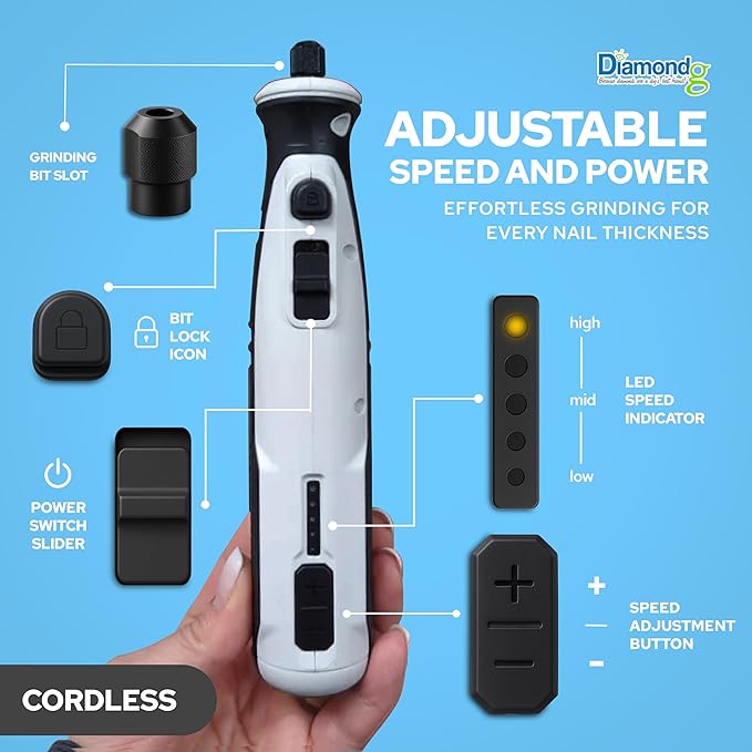 Diamondg Cordless Dog Nail Grinder with Quiet Sound & LED Tip for Large & Small Dogs, 4hrs. Runtime - Electric Dog Nail Trimmer, Heavy Duty Rotary Tool Alternative to Toenail Clippers & Filers-Mewly Pet