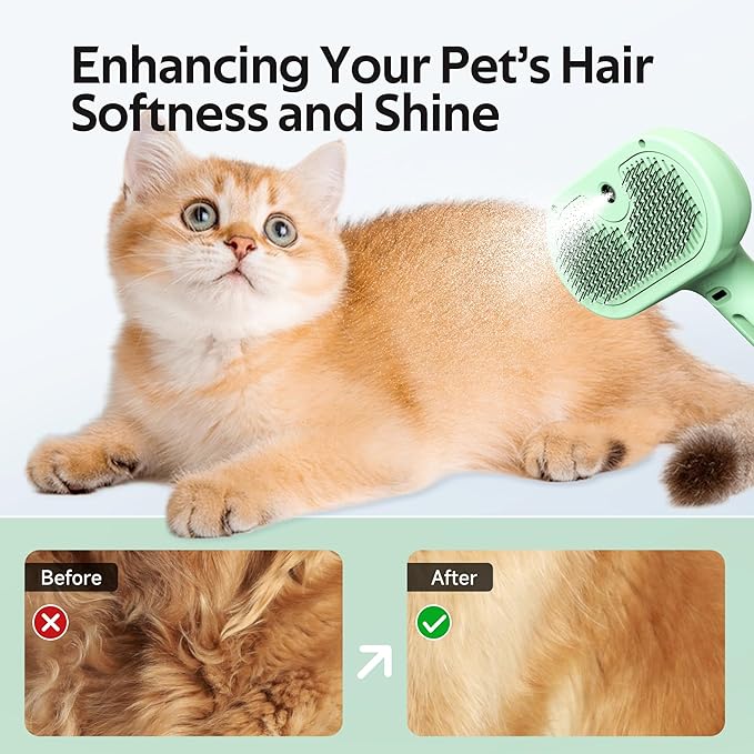 Pet Grooming Brush with Electronic Mist Spray - Gentle Deshedding Tool for Cats & Dogs, Pet Steam Brush，Reduces Shedding, Soft Bristles, Promotes Healthy Coat-Comes with a hair smoothing comb-Greener-Mewly Pet