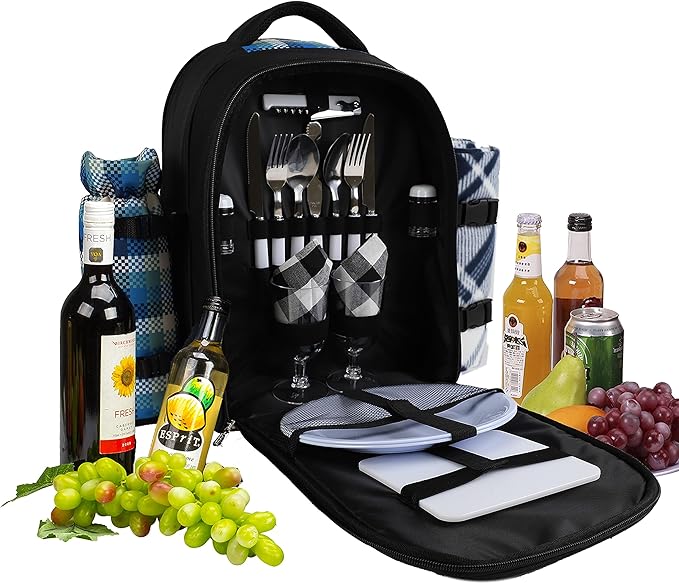 apollo walker Picnic Backpack Bag for 2 Person with Cooler Compartment, Detachable Bottle/Wine Holder, Fleece Blanket, Plates and Cutlery Set-Mewly Pet